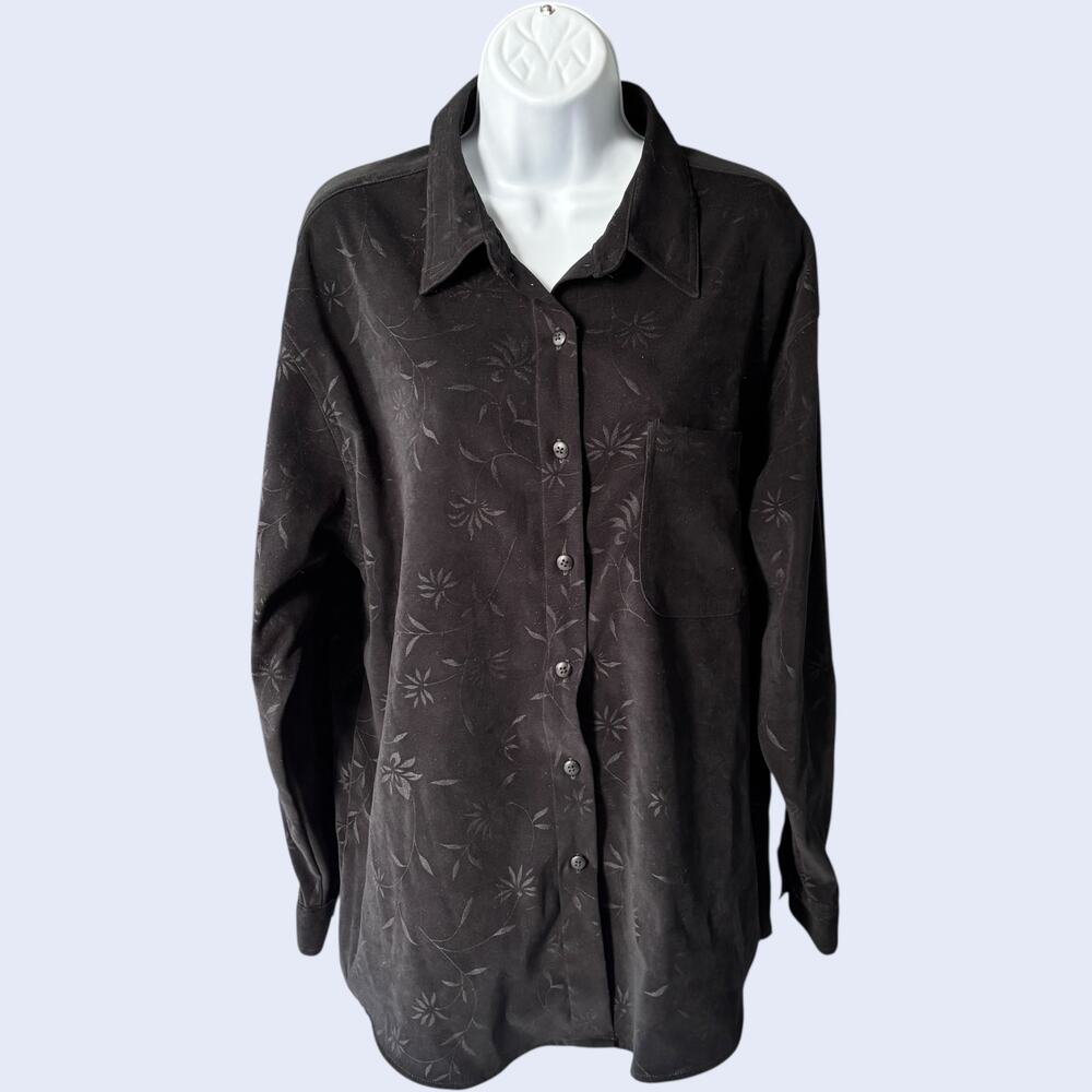 NWB Casuals L Button Front Blouse Black Floral Relaxed